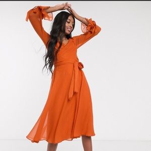 ASOS Design red orange chiffon wrap midi dress